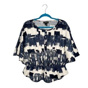 Focus 2000 Flutter Flare Sleeve Elastic Waist Abstract Print Blouse
